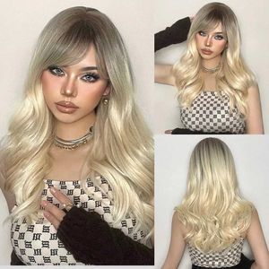 Synthetische Perücken, lange Ombre-blonde Perücken mit Pony, synthetische Perücken für Frauen, natürliches Haar, gewellt, Cosplay-Party-Perücken, hitzebeständig, Kunsthaar, 240329