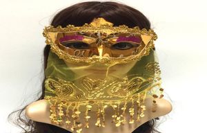 Children039s årliga fest Halloween Christmas Mask Belly Dance Masquerade vuxen träffas indisk stil med Veil Gold Powder6193072