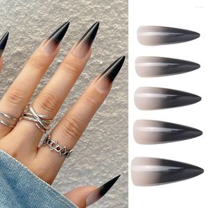 Yanlış Tırnaklar 24 PCS tırnak uçları tam kapalı gradyan siyah basın sahte stiletto uzun fransız