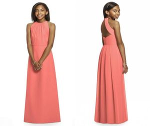 2021 Coral Junior Bridesmaid Dresses Halter Sleeveless A Line Floor Length Long Open Back Cheap Bridesmaid Dresses9975965