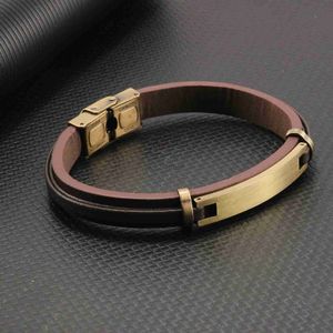 Bangle Retro Borstat rostfritt stål armband Män och kvinnor Brown Leather Armband Style Vintage Gold Armband Smycken Tillbehör 240319
