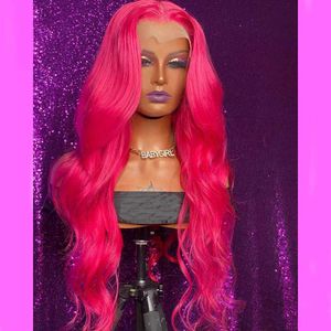 Synthetic Wigs RONGDUOYI Hot Pink Hot Pink 30 Inch Body Wave Synthetic Lace Front Wig Long wavy Middle Part Pink Hair Drag Queen Cosplay Use 240328 240327