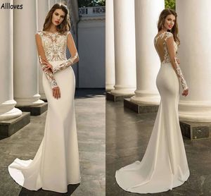 Ivory Elegant Satin Mermaid Wedding Dresses With Illusion Long Sleeves Lace Appliqued Bridal Gowns Sweep Train Boho Garden Beach Robes de Mariee Buttons Back YD