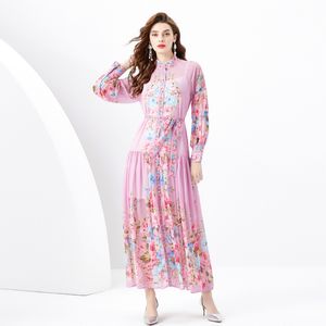 Womens Chiffon Floral Maxi Dress Stand Collar Long Flower Print Cardigan Shirts Dresses Designer Ladies Vintage Lantern Sleeve Casual Beach Party Robes Clothes