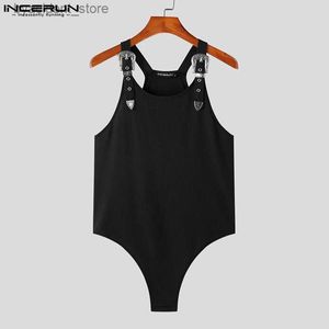 Men's Tank Tops Men Bodysuits Solid Color Summer Button Sexy O-neck Sleeveless Straps Rompers 2023 Fitness Tank Tops Men Bodysuit S-5XL L240319