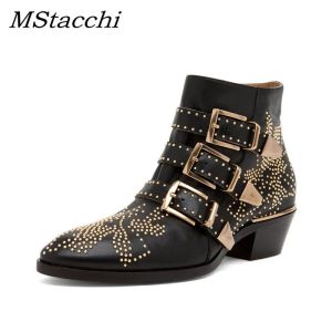 Boots Women's Ankle Boots Rivet Flower Susanna Studded Cowboy Boots High Quality Genuine Leather Luxury Shoes Ladies Botines Mujer