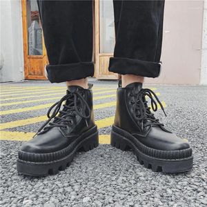 Boots 2024 Men's Black Leather Motorcycle Thick-sole Waterproof Shoes British Style Cross-tied Lace Breathable Casual Daily-wear