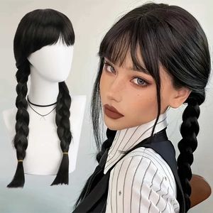 الباروكات الباروكة الاصطناعية الأربعاء addams cosplay شعر مستعار طويل الأسود ضفائر الشعر مقاوم للحرارة مقاومة للحرارة مع الانفجارات لحفل الهالوين 240328 240327