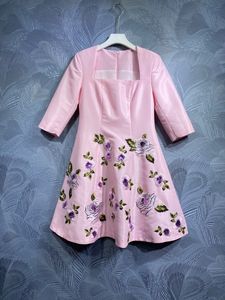 2024 Spring Pink Solid Color Embroidery Dress Long Sleeve Square Neck Panelled Short Casual Dresses F4M181650