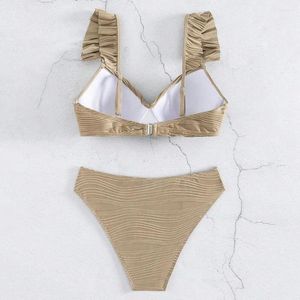 Women's Swimwear Solid Color Bikini Set Stylish Ruffle Sleeve With High Waist Sexy Two Piece Swimsuit For Women Quick