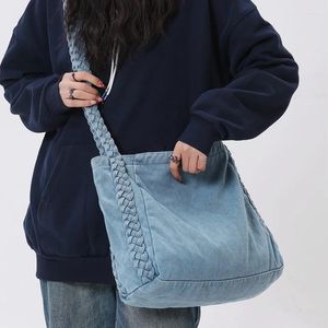 드로우 스트링 블루 데님 숄더백 면화 캐주얼 토트 고품질 천 패키지 대용량 한국 크로스 바디 캔버스 가방