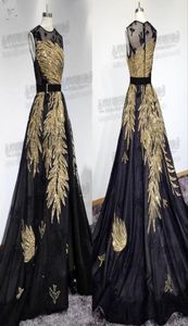 Eleganti abiti da ballo Elie Saab 2019 Gioiello Collo senza maniche Oro Paillettes Abiti da sera formali Sweep Train Perline Spettacolo Party Dres5292191