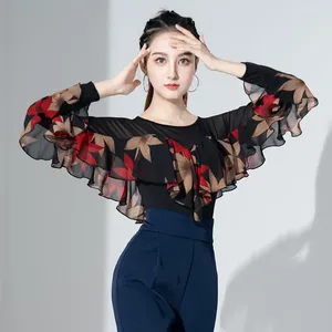 Bühne tragen Erwachsene Frauen Ballsaal Kostüm Moderne Latin Dance Top Brust Pad Langarm Chiffon Dame Sexy Mesh Stoff Dancewear