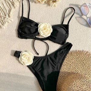 Damen-Badebekleidung, sexy, koreanische Mode, 3D-Blumen-Bikini-Sets, zweiteilig, hohe Taille, Tanga-Badeanzug, gepolsterter Biquini-Badeanzug