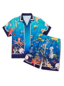 Conjunto de 2 peças masculinas com estampa tropical de manga curta com botões e camisa havaiana e shorts