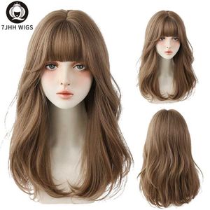 Synthetic Wigs Lace Wigs 7JHH WIGS Loose Long Wavy Black Brown Wig for Women Fashion Synthetic Curly Hair Wigs with Fluffy Bangs Beginner Friendly 240328 240327