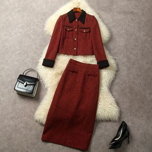 European and American women's dress 2023 winter new Single breasted red tweed coat long sleeves and lapels skirt suit