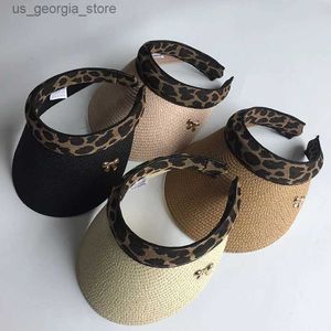 Wide Brim Hats Bucket Hats 2019 New Womens Sun Hat Womens Leopard Bow Visor Hat Handmade DIY Str Summer Hat Casual Sunshade Hat Empty Top Hat Beach Y240319