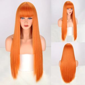Perucas longas laranja retas sintéticas com franja de alta temperatura natural cabelo falso para mulher peruca cosplay lolita cabelo