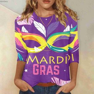 Women's T-Shirt Women T Shirt Mardi Gras Letter Mask Fearther Print Casual Pullovers Tops 2024 Summer New 3/4 Sleeve Round Neck T Shirt CarnivalC24319