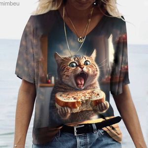 여자 티셔츠 패션 여성 티셔츠 고양이 인쇄 짧은 슬리브 여성하라 주쿠 티 레이디스 티셔츠 셔츠 대형 V- 넥 탑 동물 여성 의류 C24319