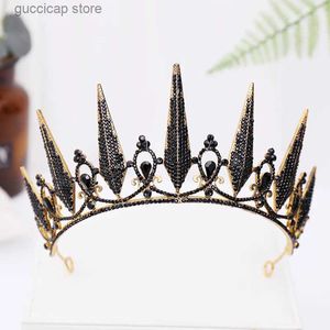 Tiaras Baroque Vintage Retro Black Tiaras Crowns Rhinestone Veil Tiara 고급 신부 크리스탈 공주 여왕 Diadem 웨딩 액세서리 Y240319