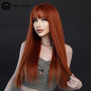 Synthetic Wigs Cosplay Wigs 7JHH WIGS Long Straight Copper Wig for Women Daily Party Cosplay High Density Synthetic Layered Dark Orange Hair Wigs with Bangs 240327