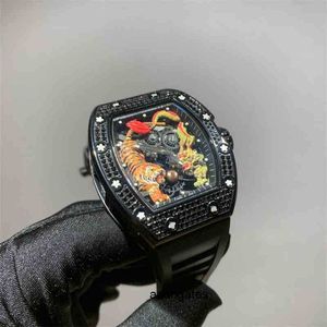 Uhrenmechanik Luxus Richa Herren Dragon Tiger Schwungrad mechanische Vollbohruhr Naturband Butterfly-Schnalle 42 mm