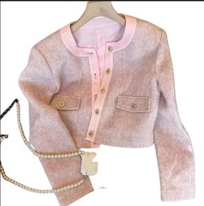 Women's spring and autumn pink contrast stitching round neck single-breasted short coat M L XL 2XL