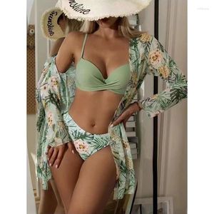 Women's Swimwear Floral Low Waist Bikini Set Cover Up Swimsuit For Women Push Long Sleeve Three Pieces Beach Bathing Suits