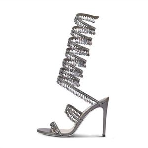 Rene Caovilla Crystal żyrandol sandały owinięte nad kolanami wysokie szpilki szpilki buty sandałowe buty damskie luksusowe projektanci butów z pudełkiem