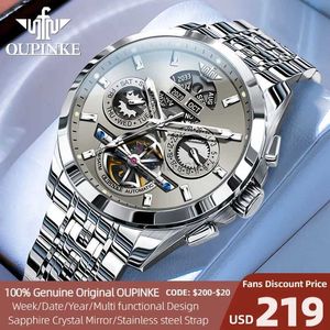 Wristwatches OUPINKE Automatic Stainless Steel Skeleton Watch Calendar Watch Week Multifunction Waterproof Sapphire Mirror Mens Watch 240319
