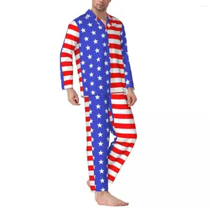 Mäns Sleepwear American Flag Pyjamas Men USA Stars and Stripes Trendy Daily Autumn 2 Pieces Casual Loose Oversize Design Home Suit