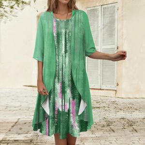 Casual Dresses Summer Dress Elegant Printed Chiffon Coat Set With Irregular Hem Sleeveless Midi Cardigan Women's Formal For Any