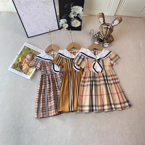 2024 Summer girls plaid dresses children navy lapel short sleeve pleated dress designer kids cotton lattice clothes S1228