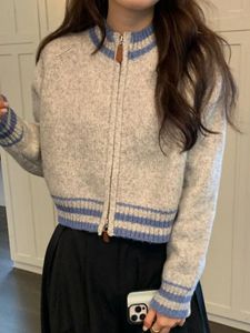 Kadın Sweaters Stand Boyun Çift Fermuarı Ceket Kadın Çizgili Kontrast Günlük Örgü Kazak Ceket Sonbahar Kış X670