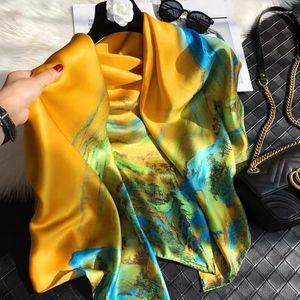 Scarves Yellow Green Mulberry Silk Women's Scarf Bandana Fashion Chinese Style Square Hijabs Winter Brand Headscarf Foulard