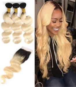 Indian Raw Virgin Hair Body Wave 1B 613 Blonde Two Tones Bundles With 4X4 Lace Closure With Baby Hair Wefts With Top Closures 4Pie3666040