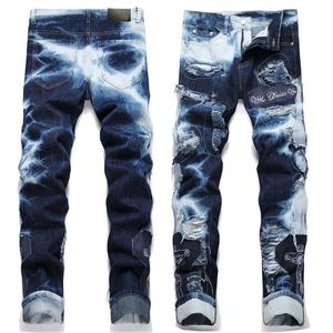 Mens Empilhados Jeans Ripper Denim Calças Longas Skinny Fit Slim Stretch Biker Jean Distressed Designer Patchwork Calças Tamanho 29-38 Azul Escuro