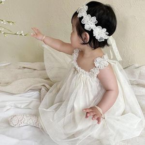 Strampler Baby Love Girl Zweiteilige lässige einfarbige Outfits Sommer Mesh ärmelloses Stramplerkleid und Stretch-Stirnband süße süße Kleidung