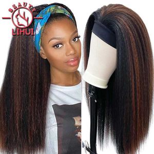 Syntetiska peruker Syntetiska peruk Pannband Wig Highlight For Women Yaki Straight Head Band Wig Long Kinky Ombre Afro Brown Hair Heat Resistant 24inc 240328 240327