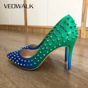 ブーツVEOWALK WOMEN GREEN BLUE GRADEIENT PATENT HIGH HEELSWITH SPIKES SEXY LADIES PAISHTED TOE STILETTOS PUMPS CHIC SLIPON PARTY SHOES