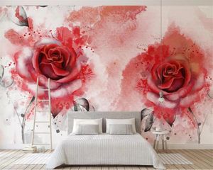 Bakgrundsbilder Anpassade stora väggmålningar Moderna minimalistiska abstrakt blomma röda rosen akvarell handmålad bakgrund självhäftande tapet