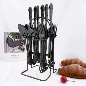 Set di posate da tavola nero occidentale vintage da pranzo coltello forchetta cucchiaio posate stoviglie di lusso in oro con incisione con cremagliera 240315