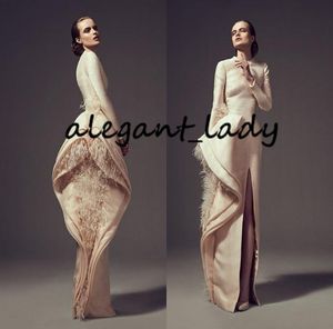 Champagne Stain Feather Evening Formal Dresses Vintage Ashi Studio Long Sleeve Ruffles High Slit Arabic Prom Dress Occasion Wear9567734