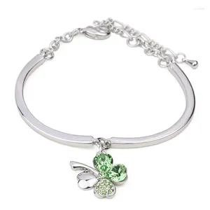Браслет BN-00086, браслеты-манжеты с зеленым кристаллом и клевером, посеребренные украшения для женщин, милый браслет-подвеска, подарки на выпускной 2024