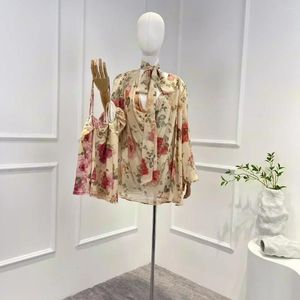 Women's Blouses Self-tie Bows Neckline High Quality 2024 Arrivals Elegant Vintage Floral Print Long Lantern Sleeve Blouse For Women