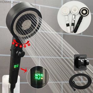 Bathroom Shower Heads High Pressure Bath Shower Head 5 Modes Digital Display Temperature Control Pressurized Showerhead with Hose and Holder Filter Y240319