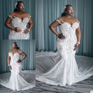 Plus Size mermaid Wedding Dress vestido de novia African Crystal Mermaid Bride gowns with Long Train Sheer Neck lace wedding dresses robe de mariage