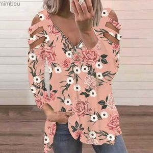 Women's T-Shirt Woman Zipper Deep V-collar Tops Floral Pattern Off-the-shoulder Tops Casual Tunic T-shirt Loose Irregular Hem Causal T-shirtC24319